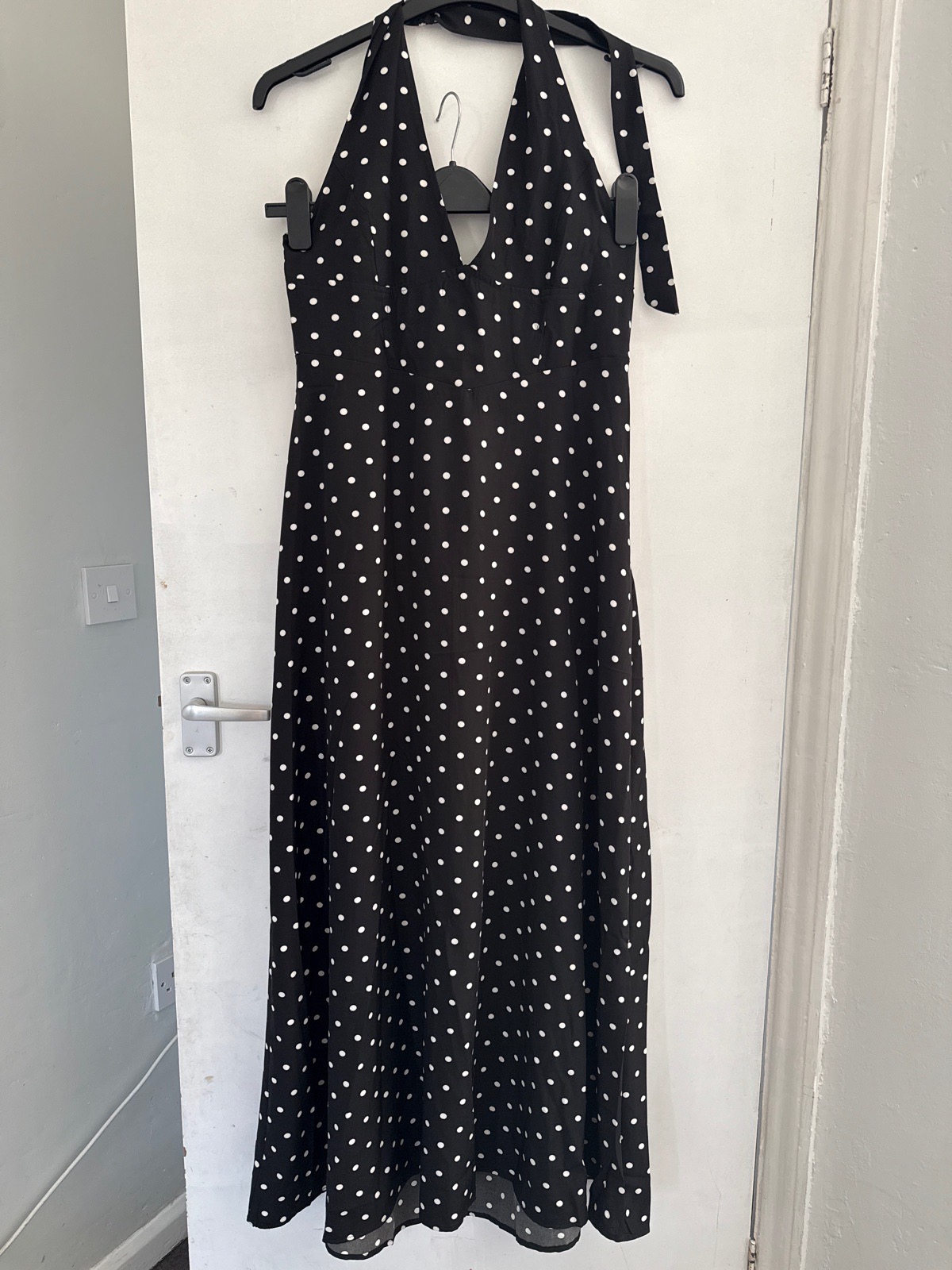 Shein black/white polka dot maxi halter neck dress size XL