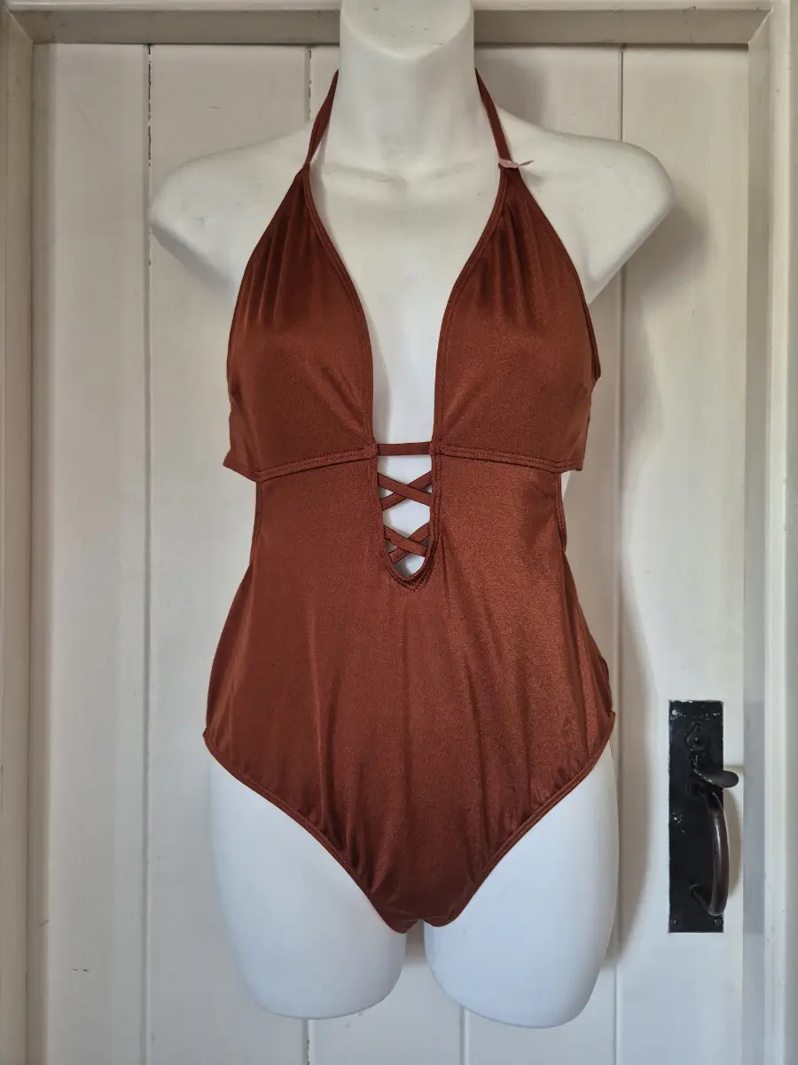 BNWT Boux Avenue rust brown shiny swimsuit costume size 12 rrp £32
