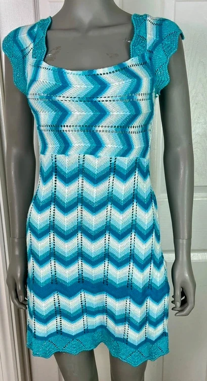 Blue Zig Zag Knit Mini Dress UK 8–10 Stretch Metallic Bodycon QED London
