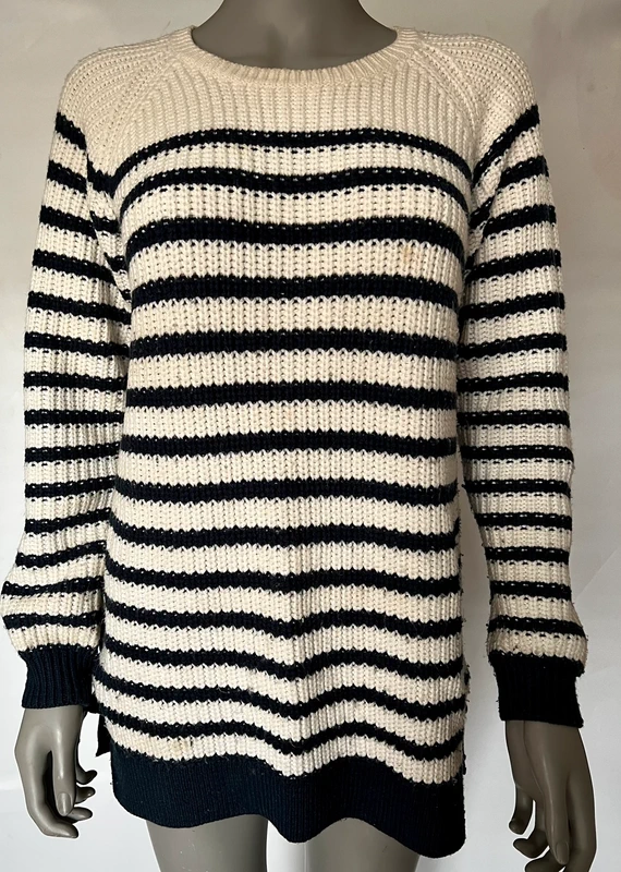 White & Navy Striped Chunky Knit Oversized Jumper UK 10 Lace-Up Sides