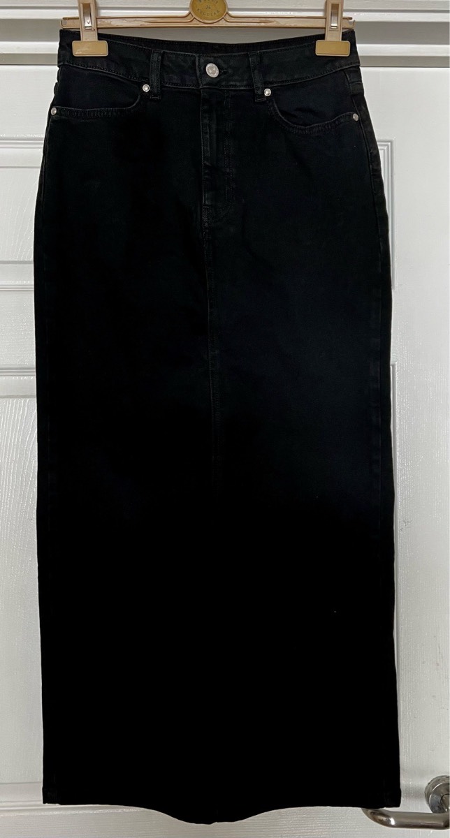 F&F Black Denim Midi Skirt UK 10 Jean Style Long Skirt Rear Split