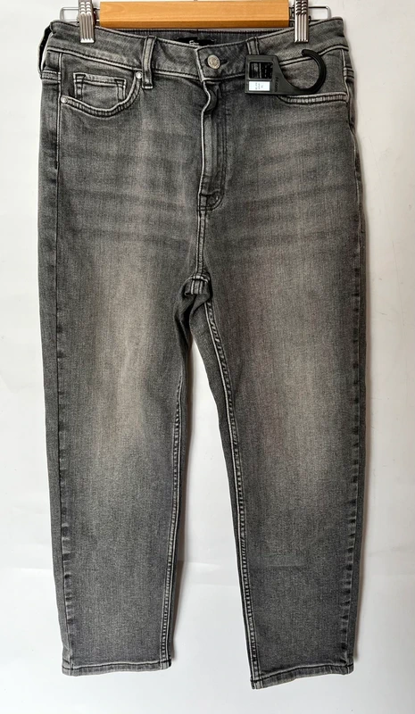 NEW Grey Wash Straight Leg Jeans UK 10 (24" L) High Waist Stretch Denim