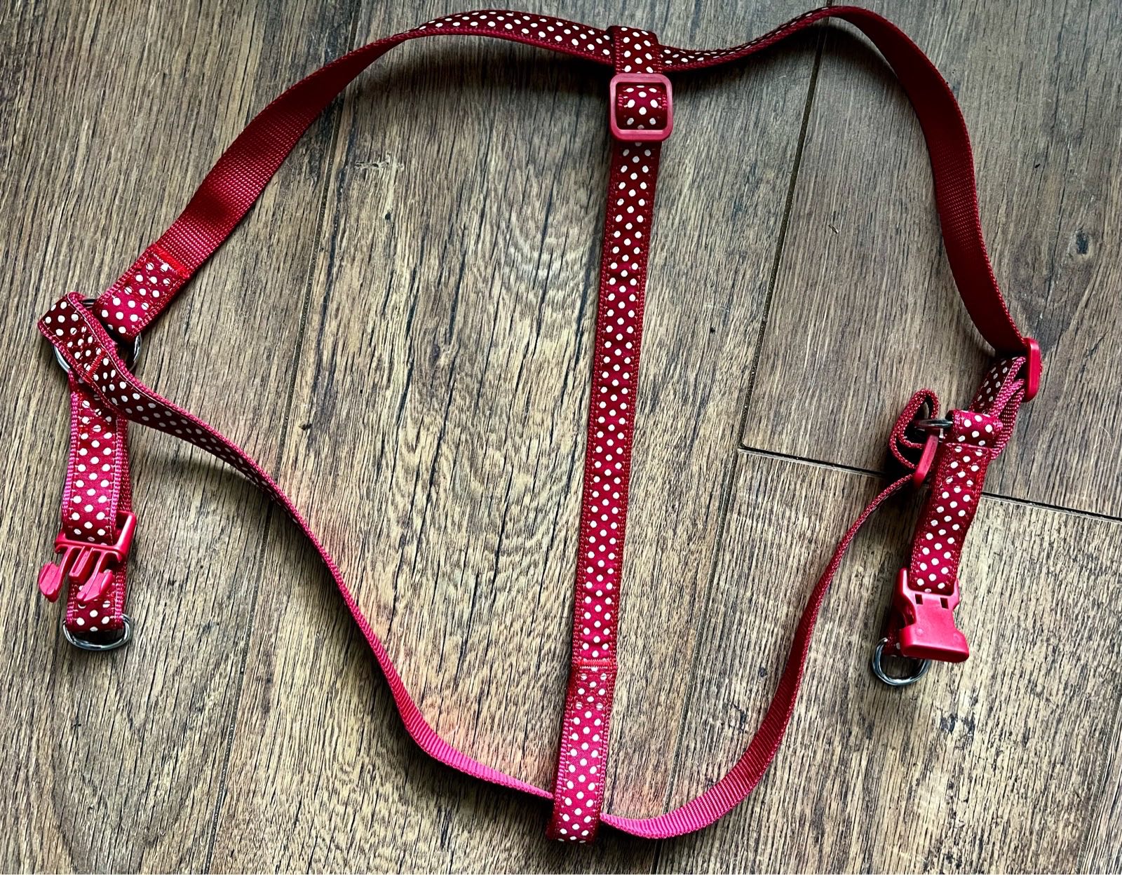 Red & White Polka Dot Adjustable Dog Harness 60–70cm
