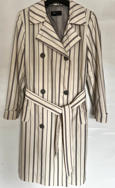 White & Blue Pinstripe Belted Trench Coat Size 14 M&S Collection