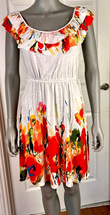 Za Zen Floral Off Shoulder Dress White Multicolour Stretch Summer S–M
