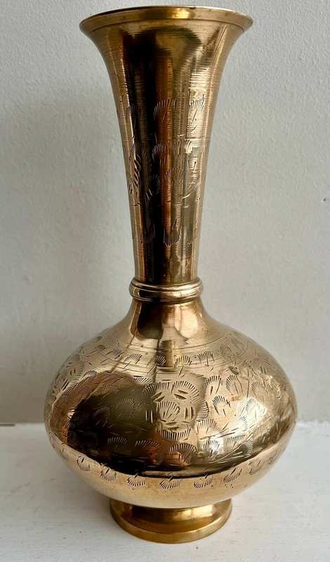 Vintage Indian Brass Vase 26cm Tall Engraved Floral Design