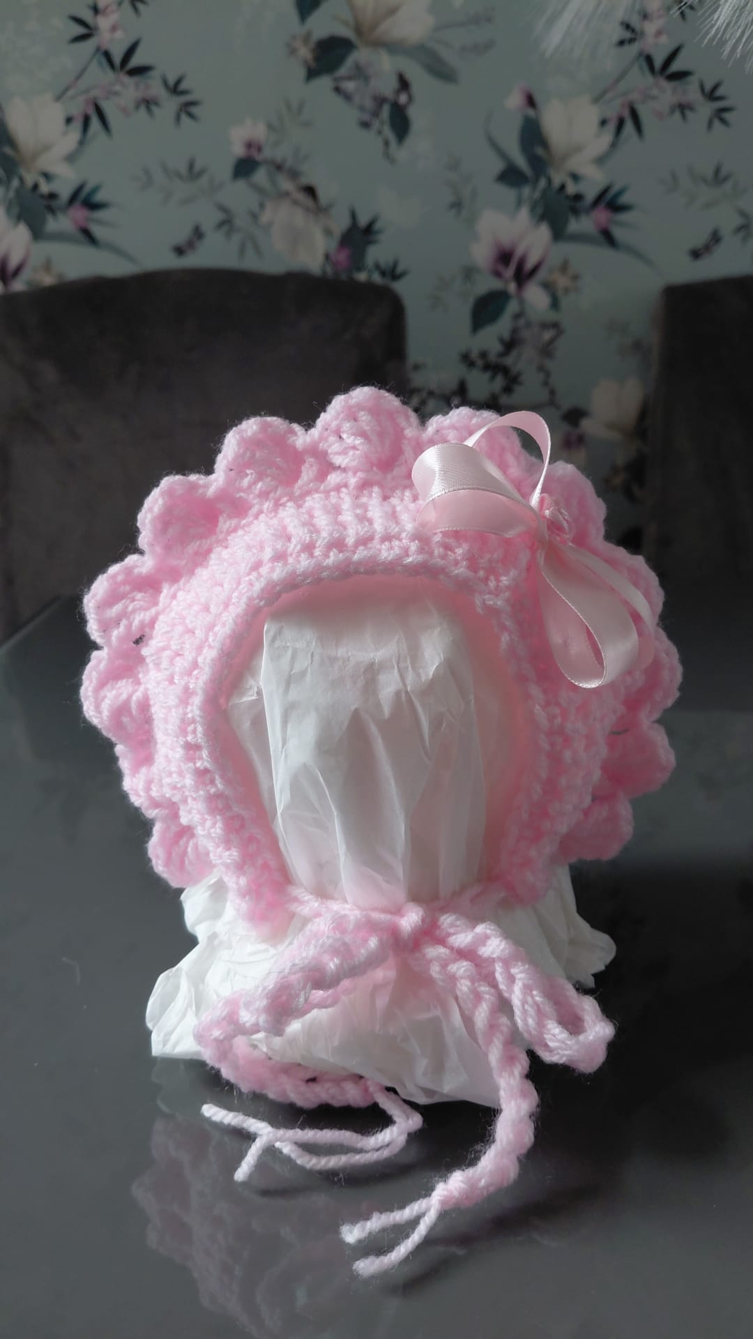 Handmade baby girls bonnet all pink.