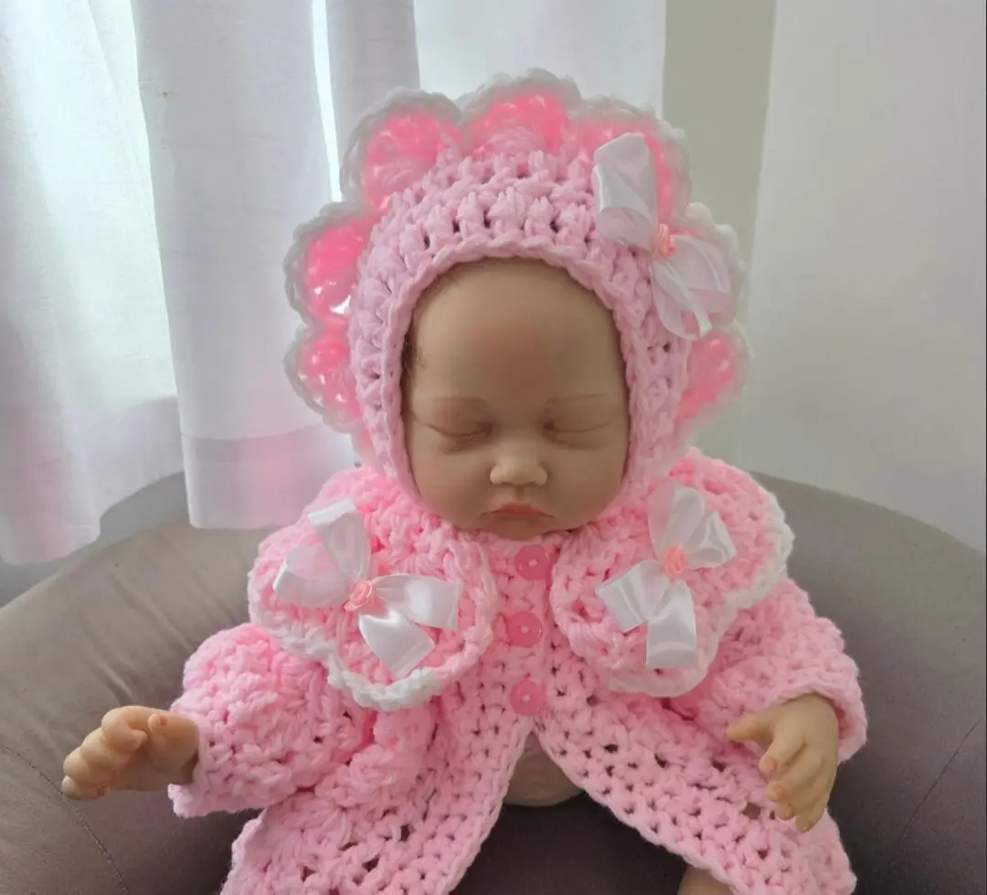 Handmade crochet matching set. Cardigan and bonnet.