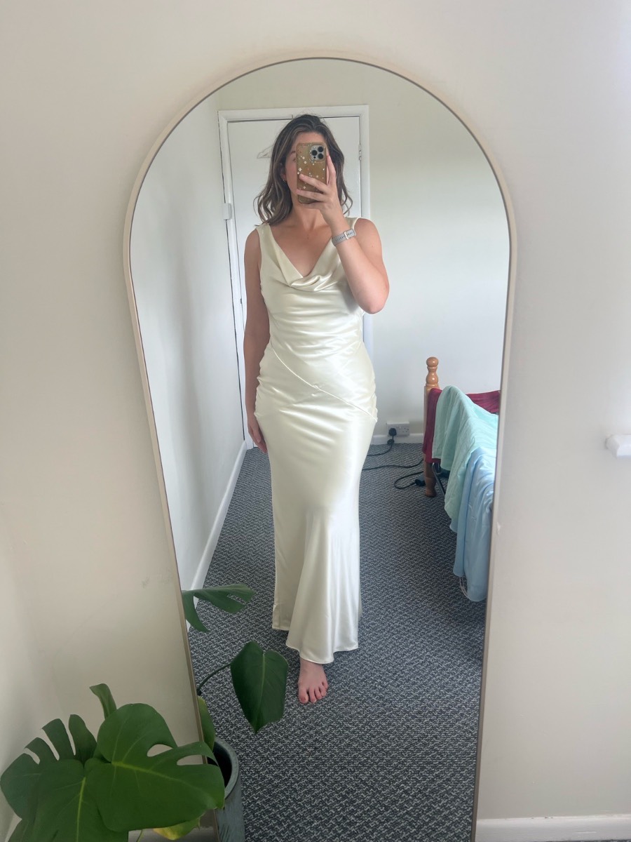 House Of CB Safira Maxi Dress Satin Lemon Cowl Neck Size L BNWT