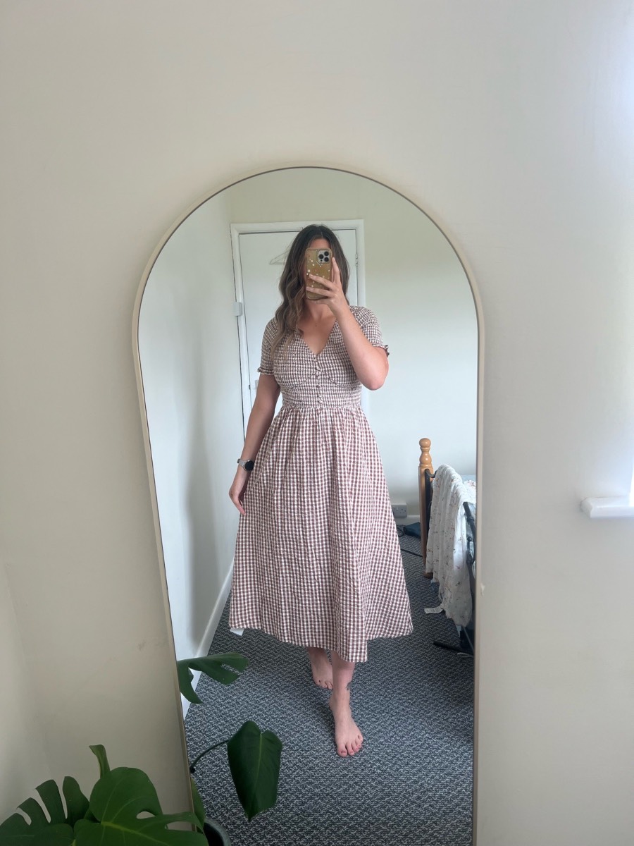 Nobody’s Child Brown Gingham Shirred Eliza Midi Dress Uk 10 BNWT