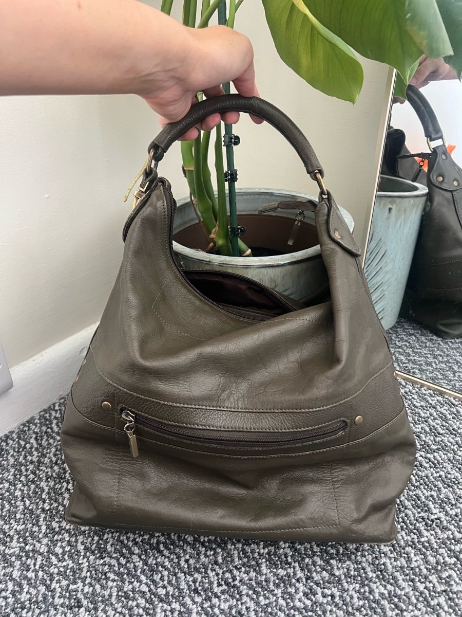Laura Ashley Olive Green Leather Hobo Shoulder Bag Large Zip Pocket Handbag