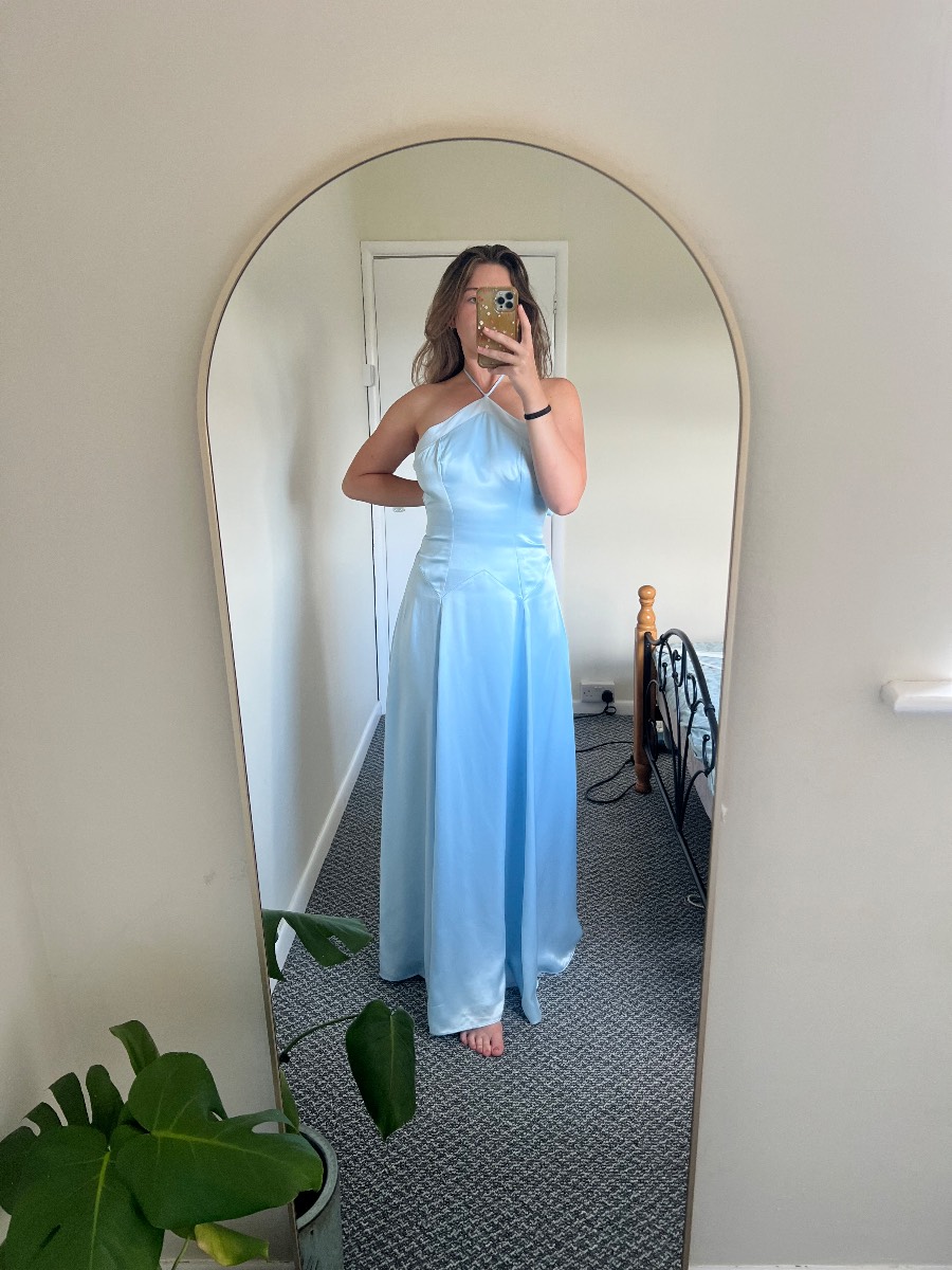 House Of CB Avelina Blue Satin Halter Neck Godet Maxi Dress In Blue Size L BNWT