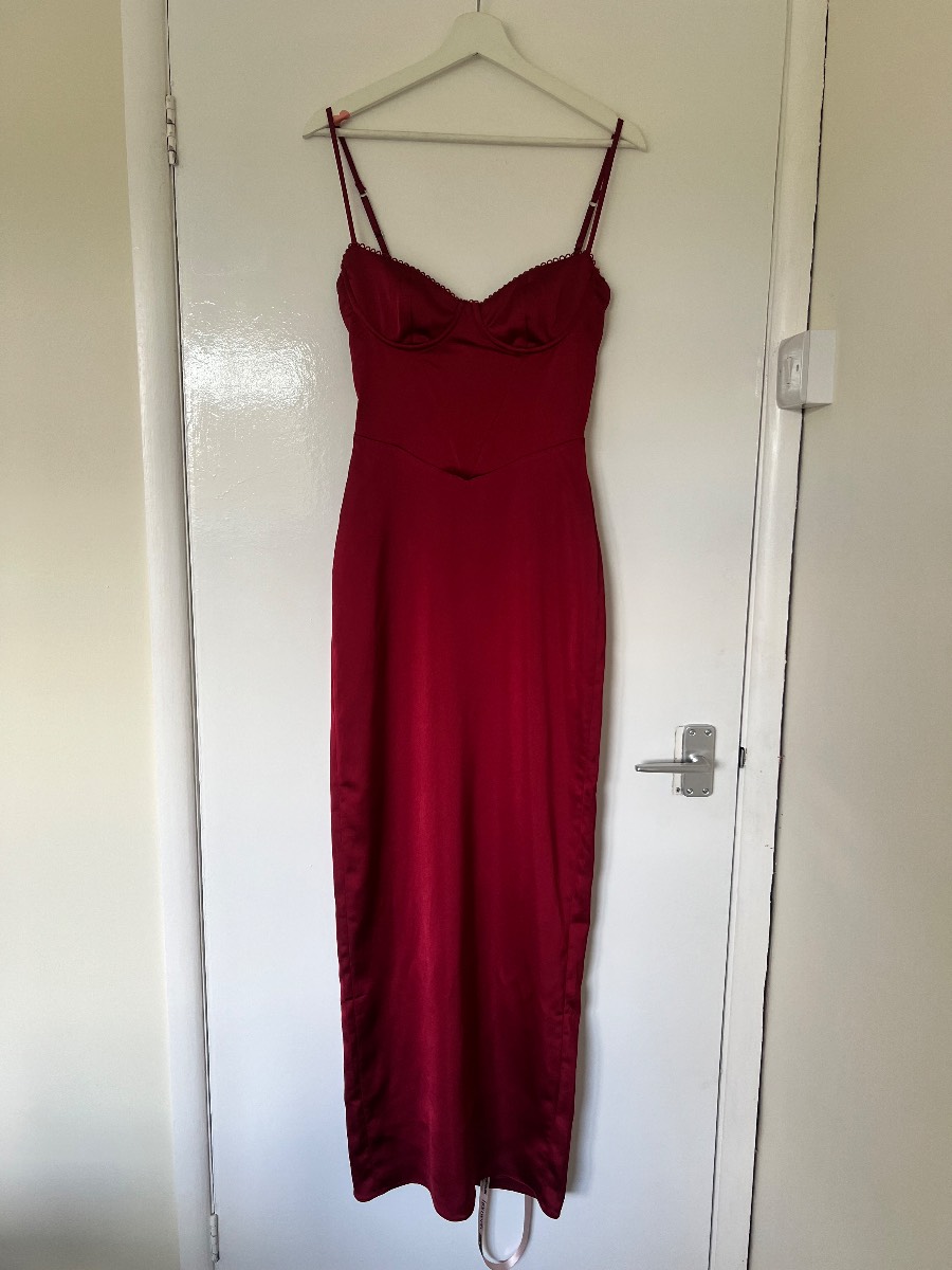 House of CB Stefania Ruby Red Corset Maxi Dress Silk Satin Feel S BNWT