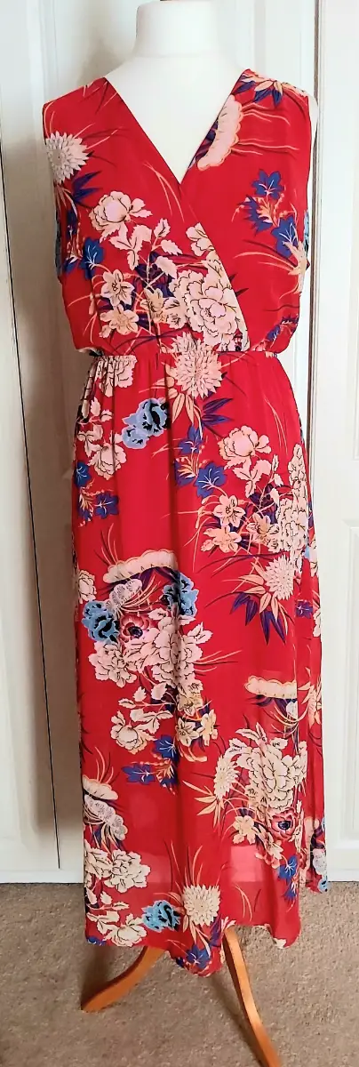 Quiz UK 18 Red Floral Sleeveless Maxi Dress V-Neck Split Hem