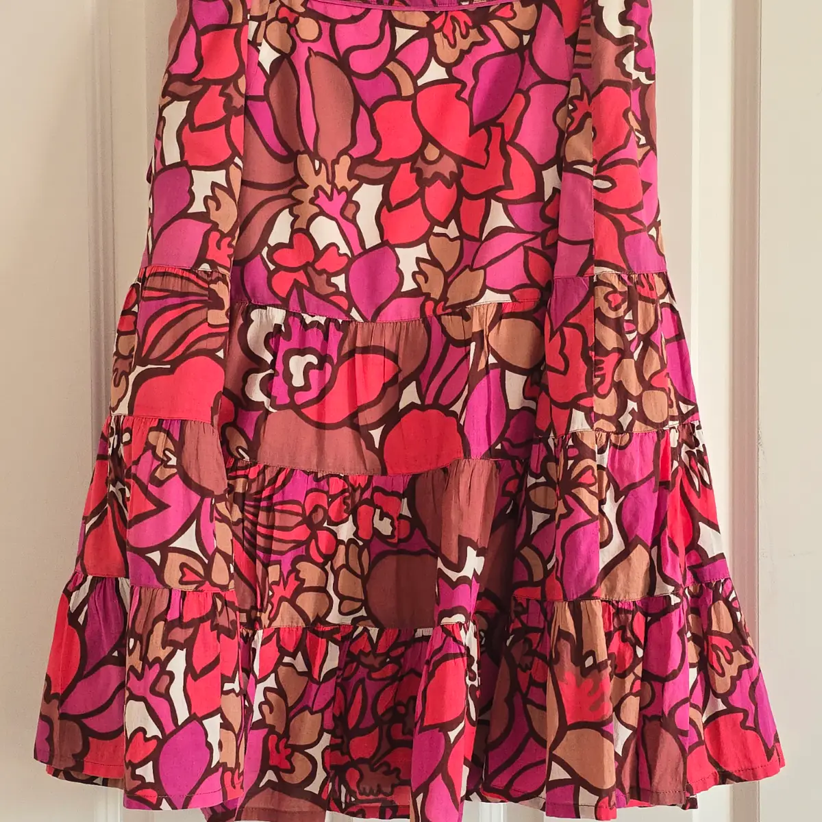 Monsoon Floral Tiered Midi Skirt UK 16 Pink Red Cotton Boho