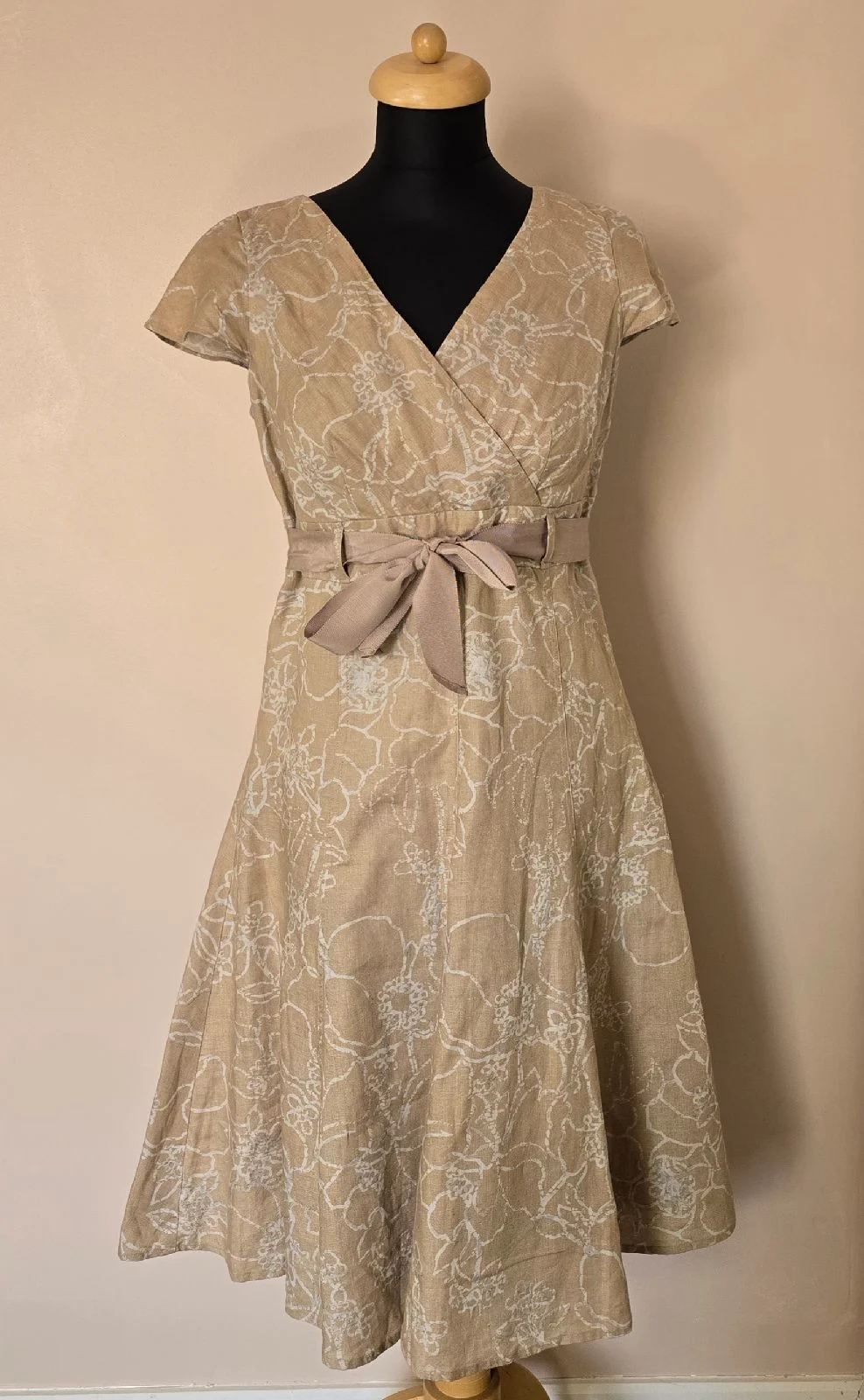 Linea Womens Size 12 Beige Floral 100% Linen Wrap V-Neck Belted A-Line Midi Dress