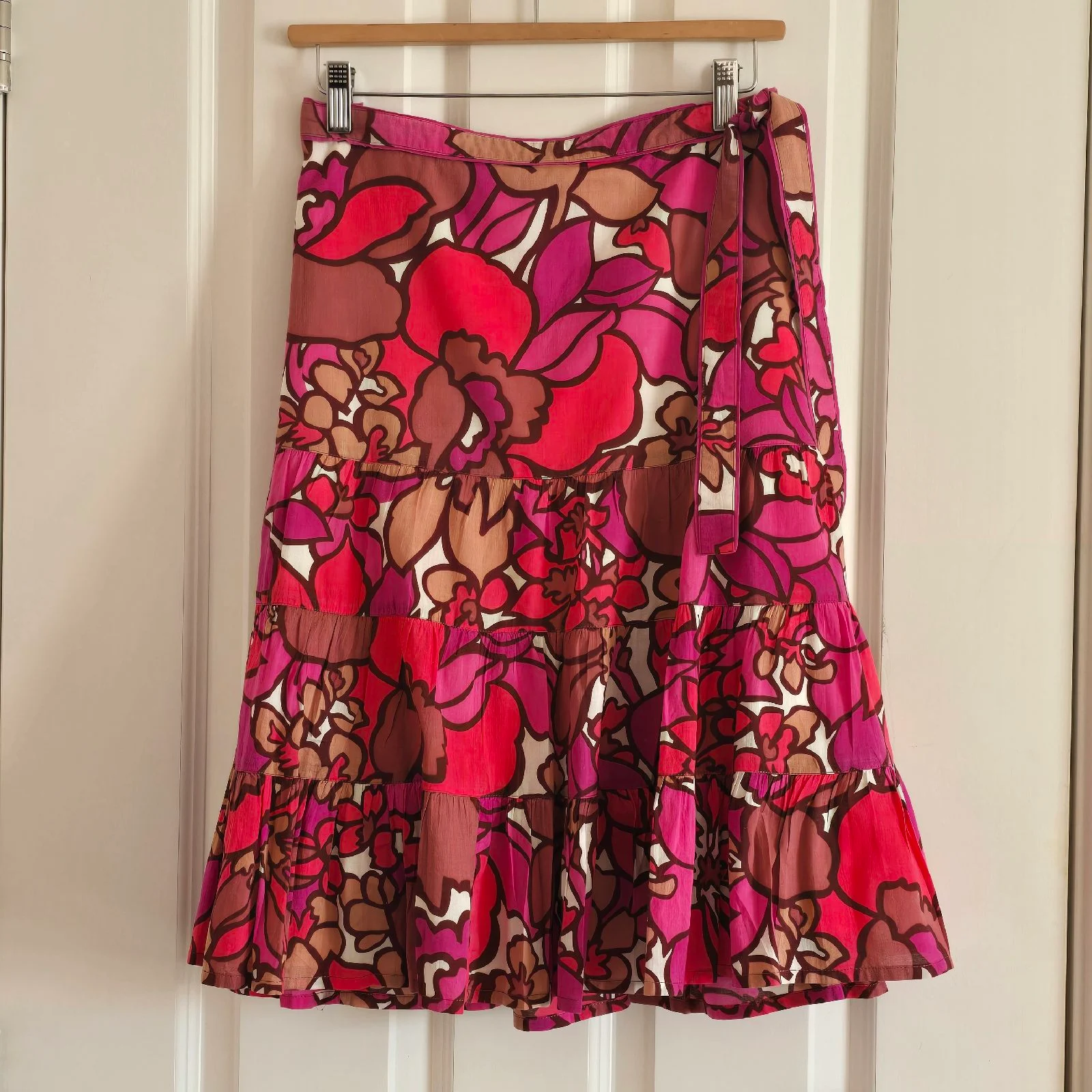 Monsoon Floral Tiered Midi Skirt UK 16 Pink Red Cotton Boho Festival Y2K Style