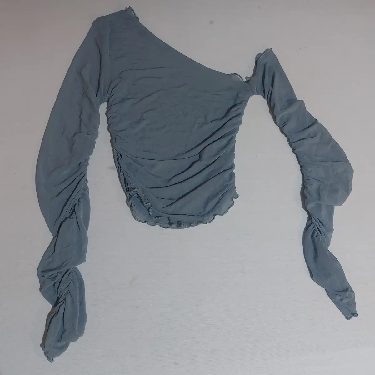 Y2K Blue Ruched One Shoulder Mesh Crop Top Long Sleeve Stretch 10" pit to pit