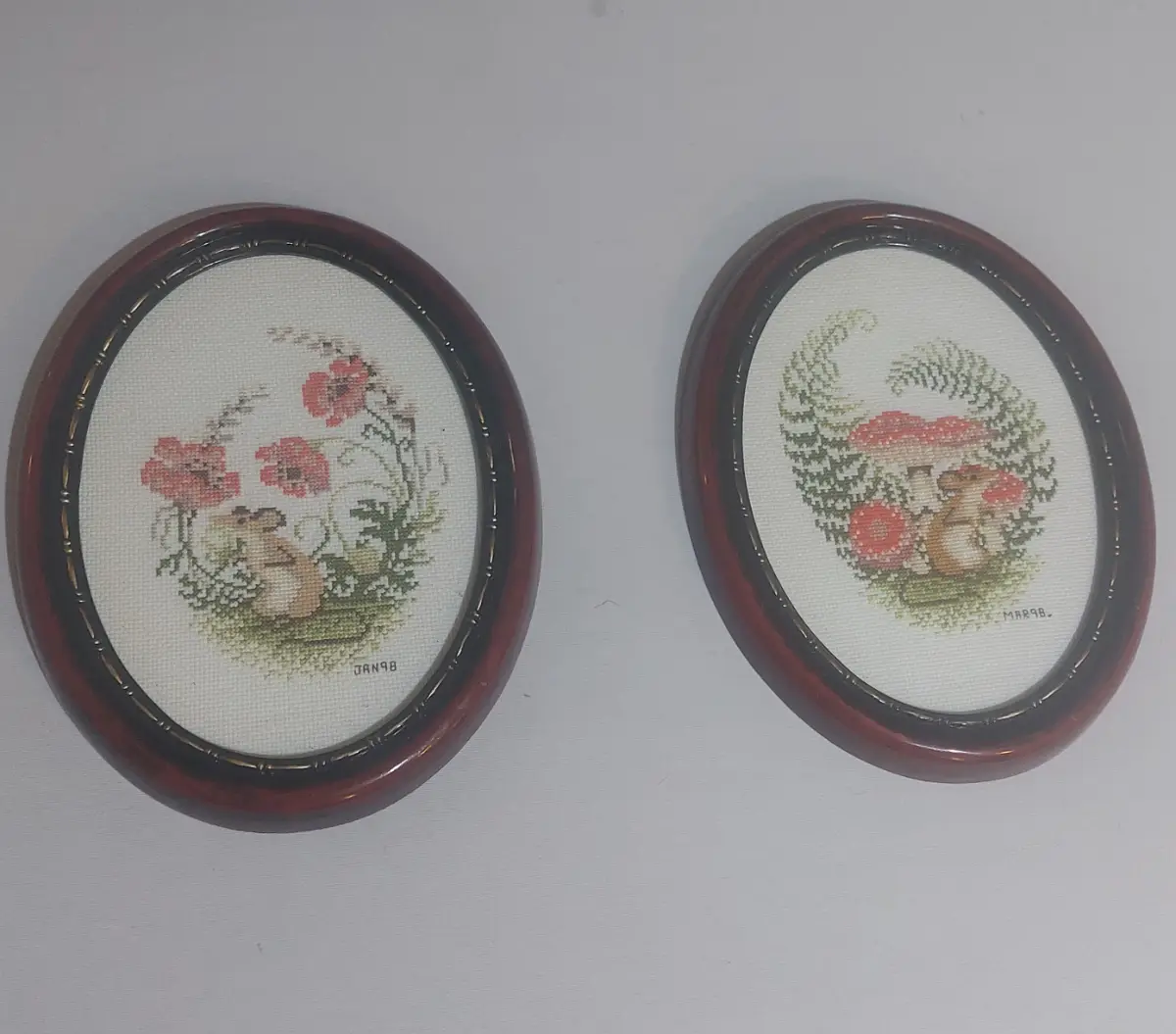 Vintage Pair of Framed Cross Stitch Mouse Woodland Pictures – Oval Wooden Frames approx 8" x 10"