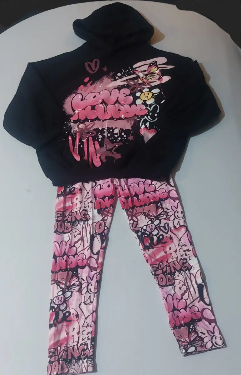 George Girls Pink & Black Graffiti Print Co-Ord Set Sweatshirt & Leggings 7-8 Years