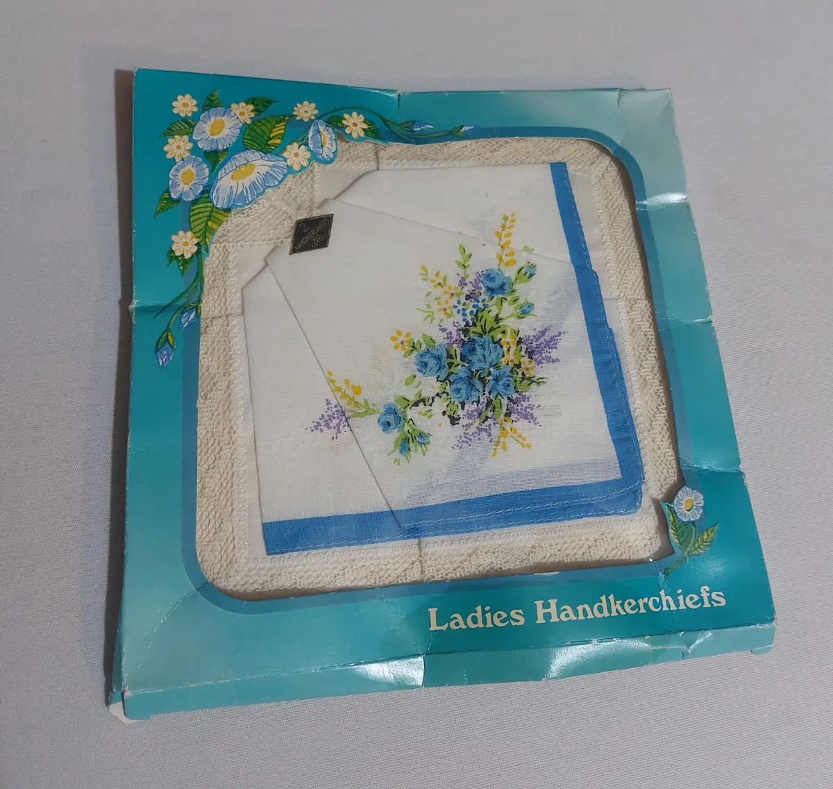 Vintage Ladies Handkerchief Set Japanese Lace Floral Cotton Blue White Unused