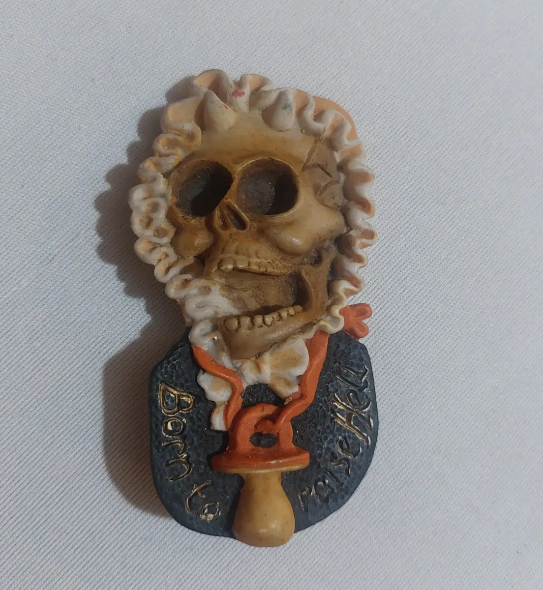 Vintage Born to Raise Hell Skeleton Skull  Gothic Halloween Novelty Brooch Pin