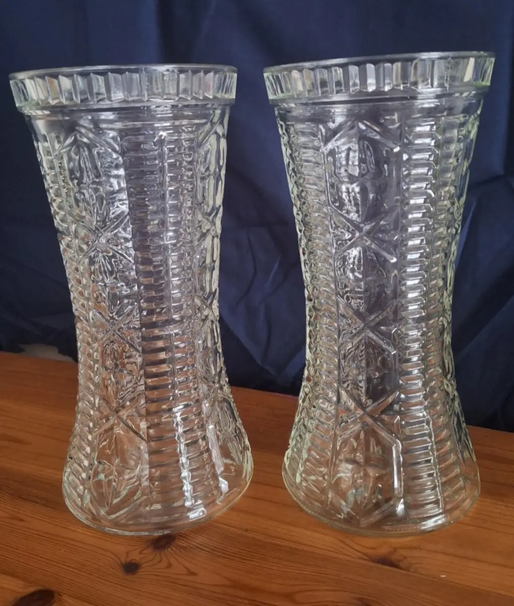 2 Vintage Clear Pressed Glass 9" Vase Mid Century Home Decor Decorative Embossed