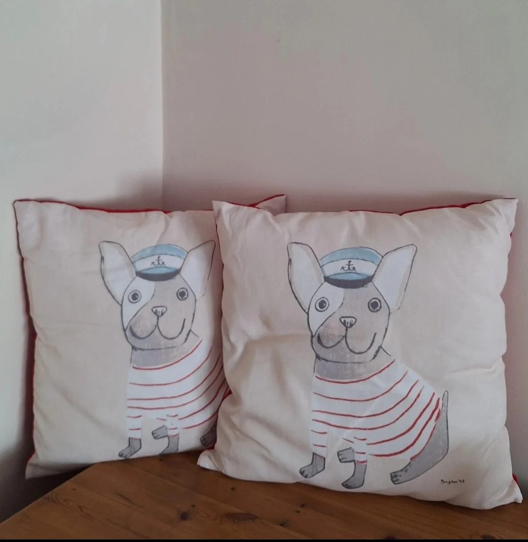 2 x Frenchie French Bull Dog Cushion Pillow Home Decor. 45cms Nautical Sailor