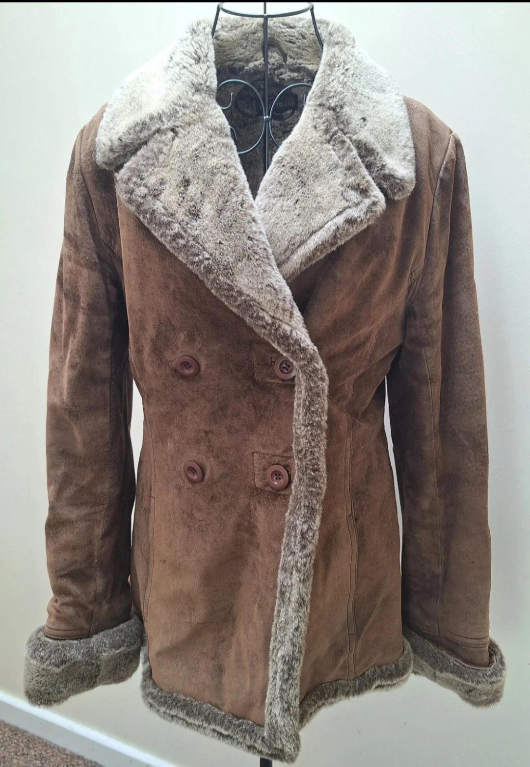 River Island Real Pig Suede Double Breasted Fitted Pea Coat Jacket Faux Fur Trim