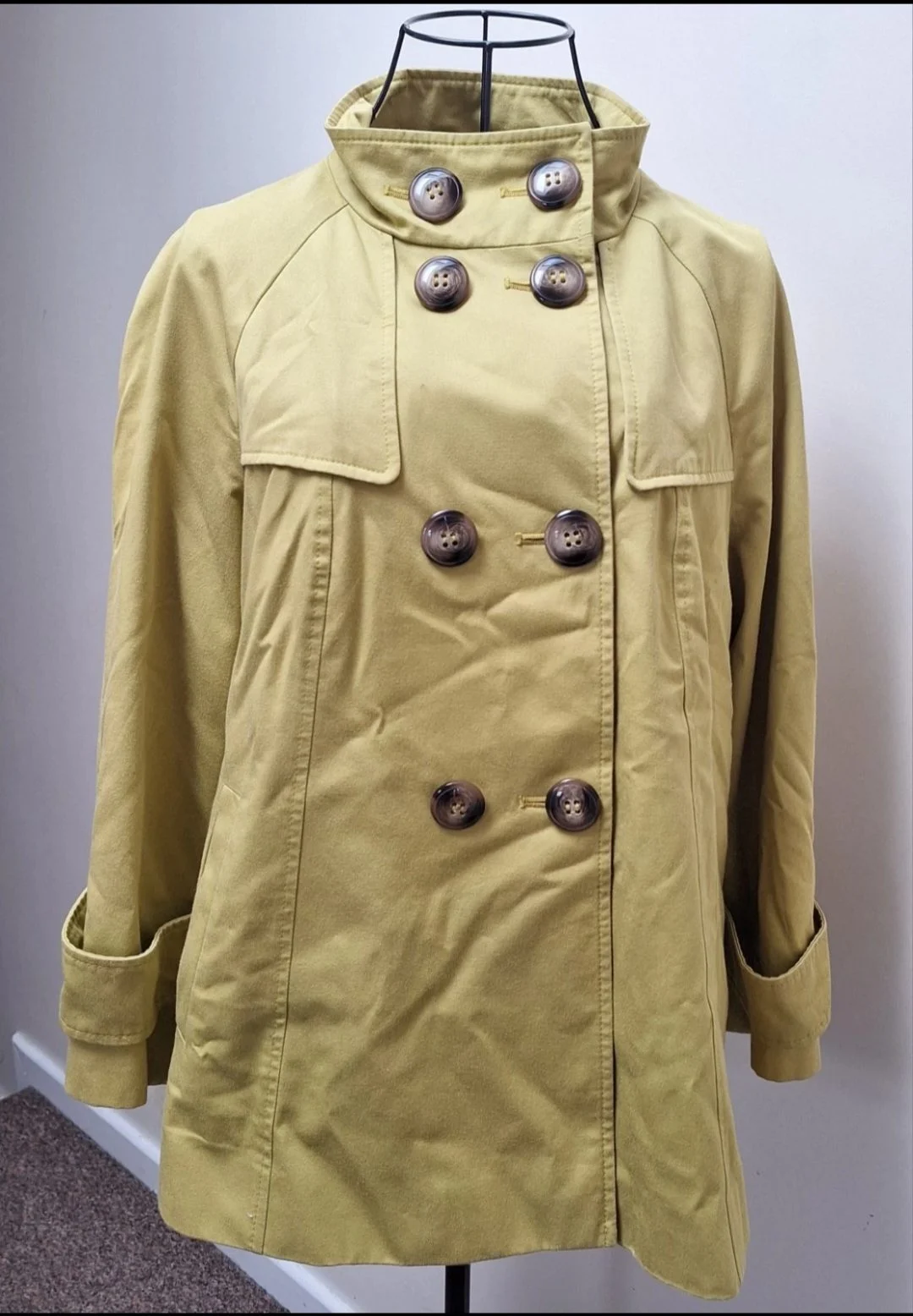 M&S Mustard Yellow Jacket Coat Trench Style Double Breasted 100% Cotton Size 12
