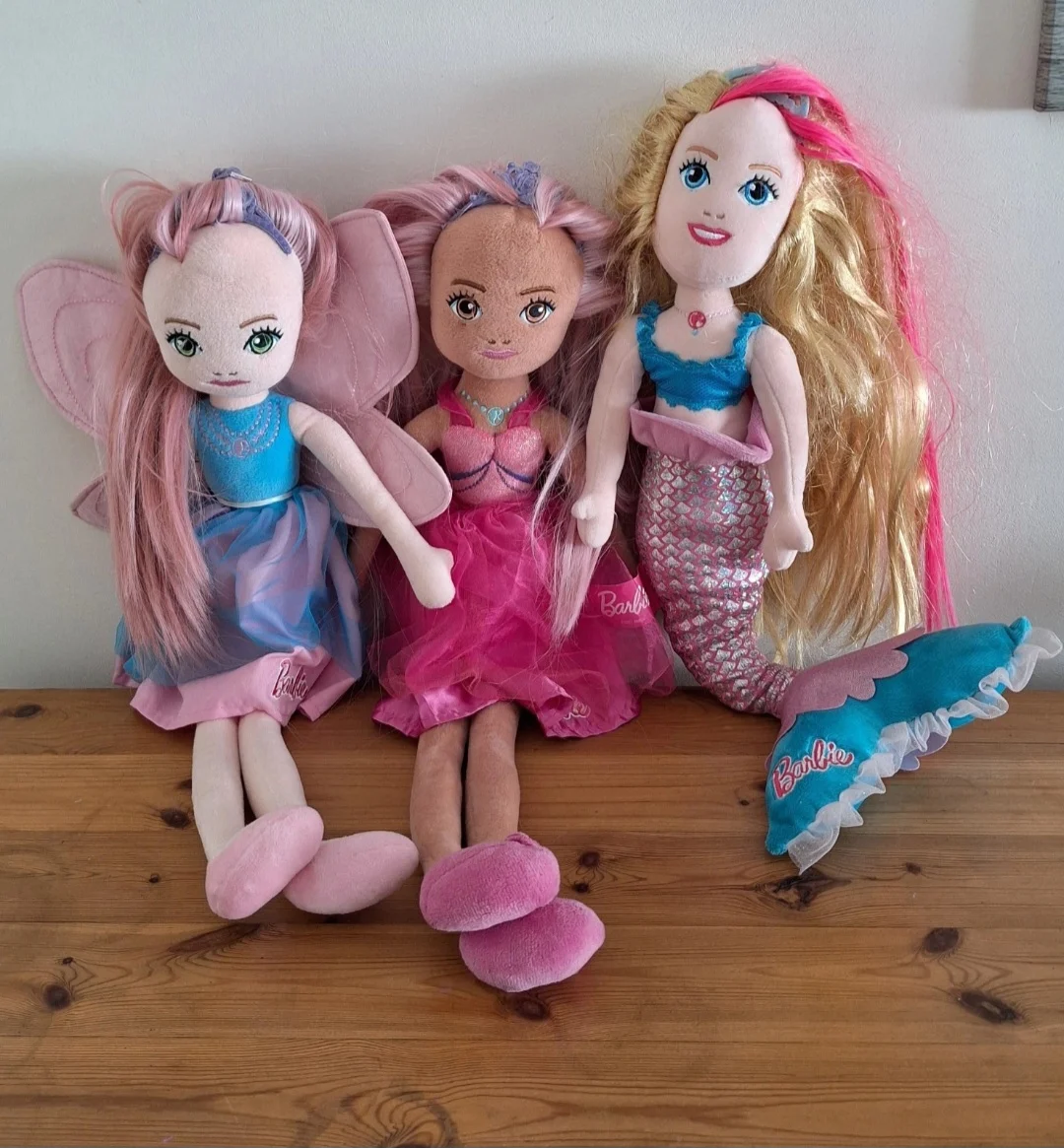 Mattel Barbie Plush 22" with Tiara, Barbie Mermaid Plush 18" & Butterfly Barbie