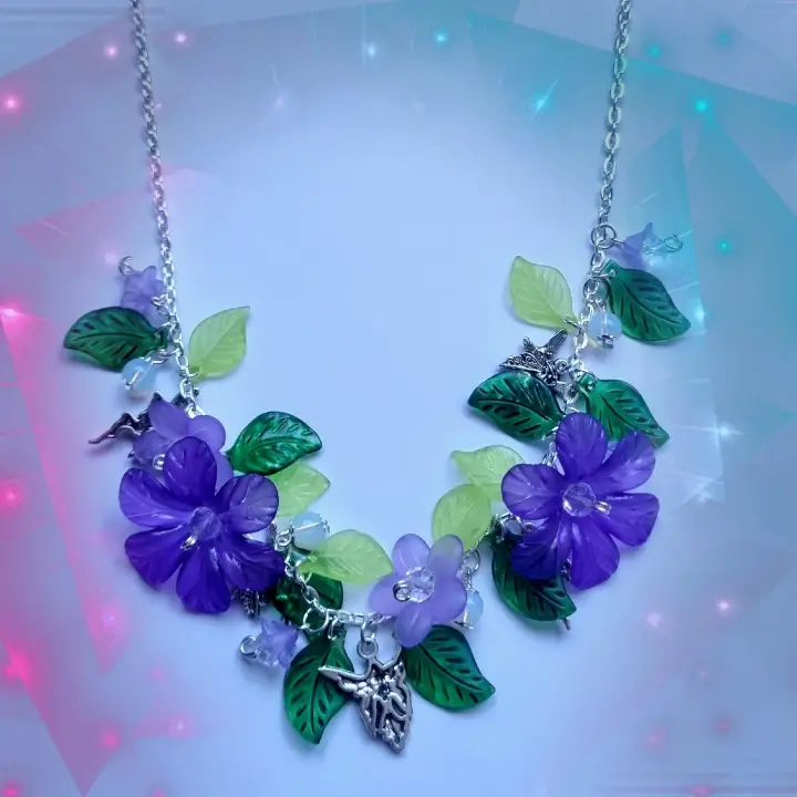 Handmade purple flower/fairy charm mystical boho/Hippie necklace