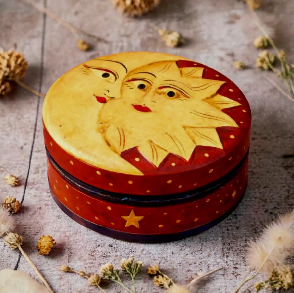 Vintage Round Celestial Wooden Storage Box