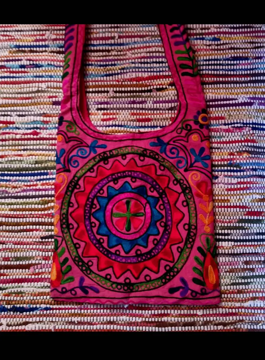 Pink/Multi Boho/Hippie Embroidered Cotton Shoulder bag