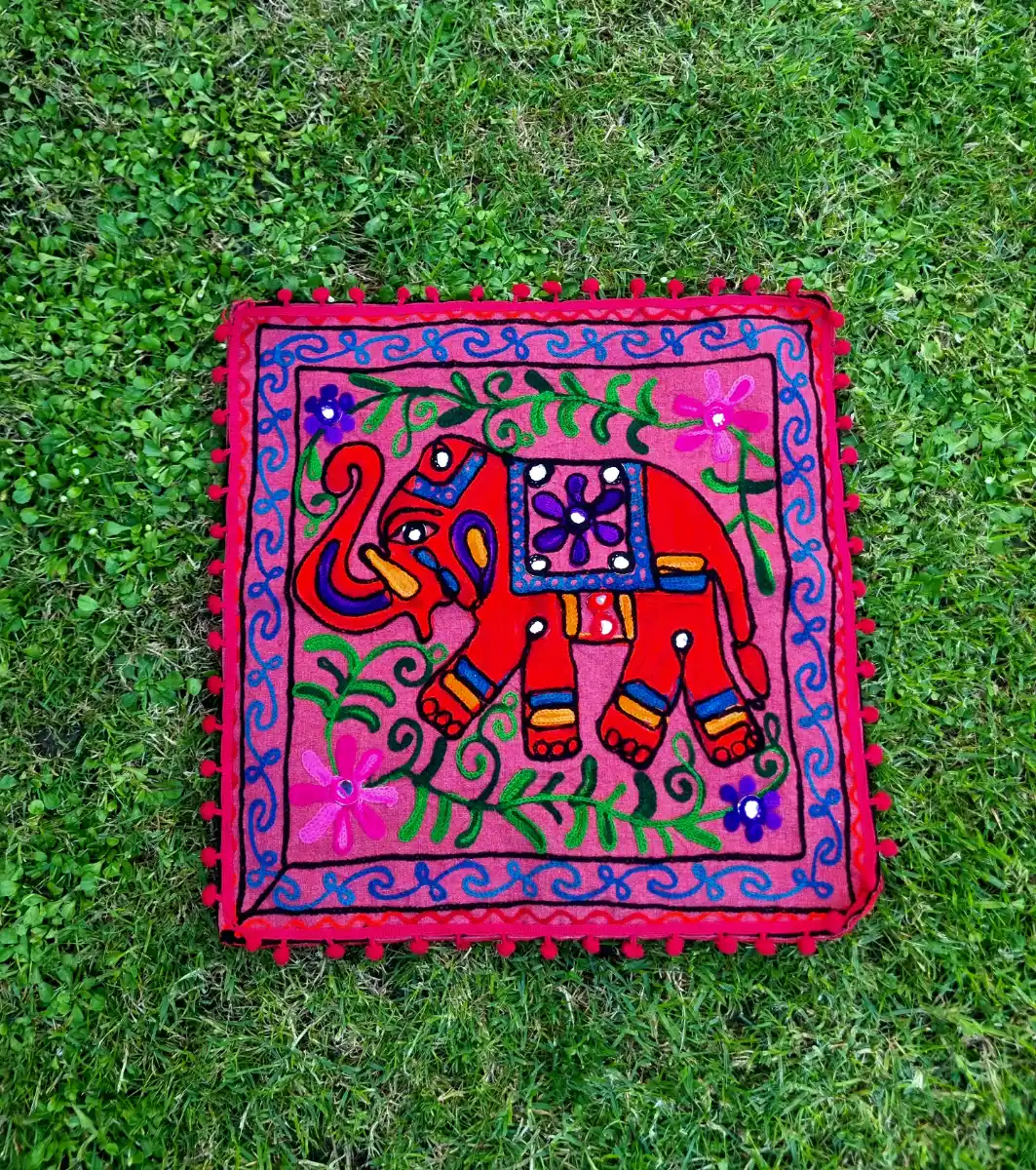 Embroidered Cotton elephant cushion cover 40 cm x 40 cm