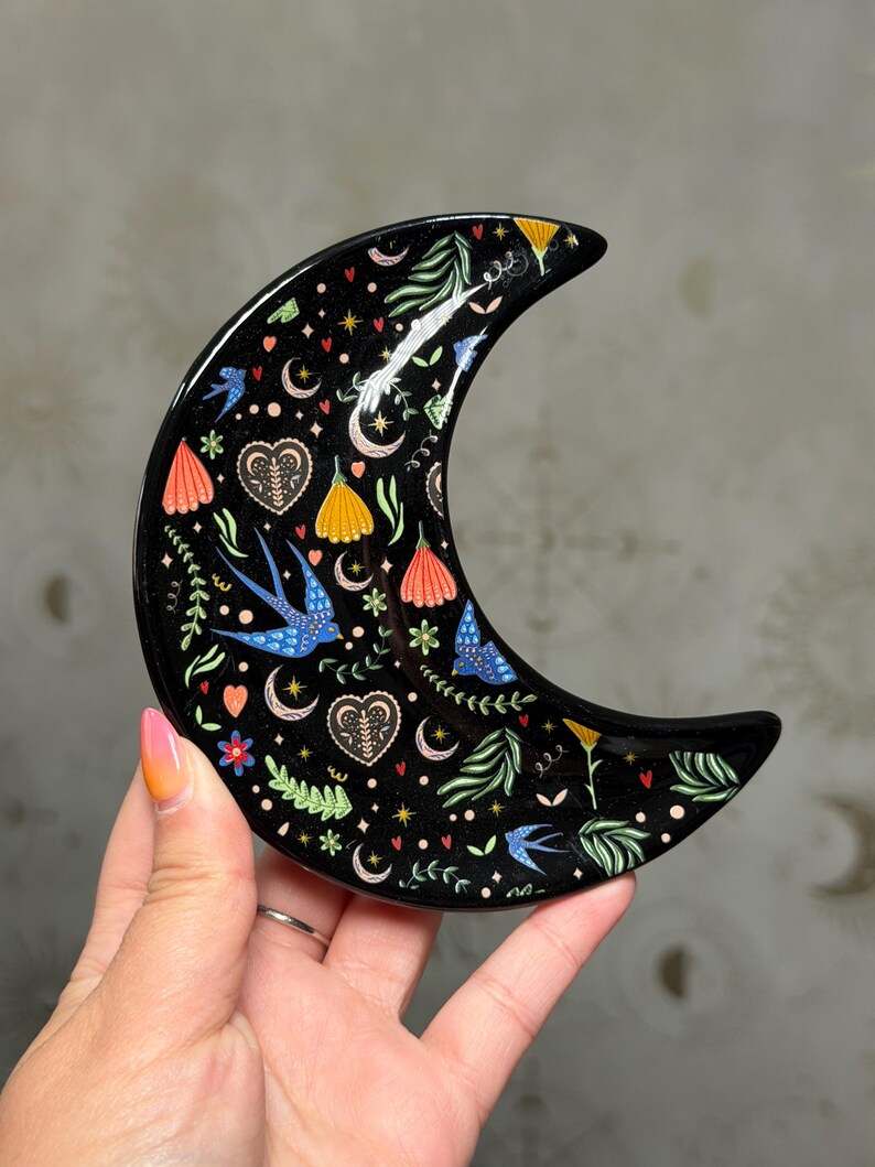 Midnight Bloom Moon Trinket Dish - Jewellery Tray - Witchy Mystical Decor - Ceramic