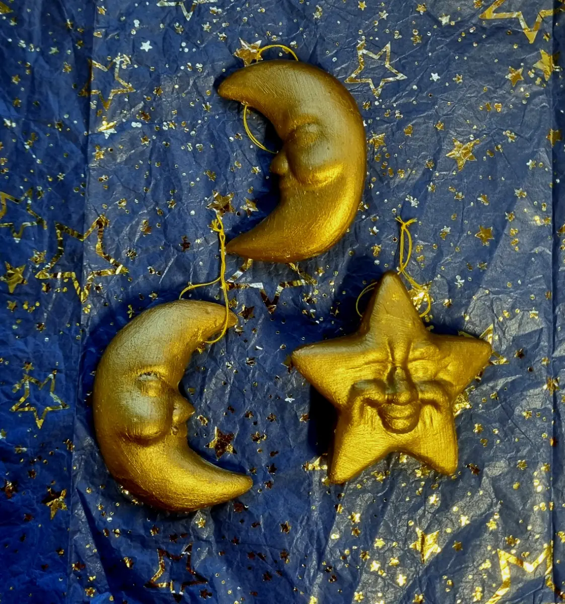 Trio of vintage celestial handcrafted decorations