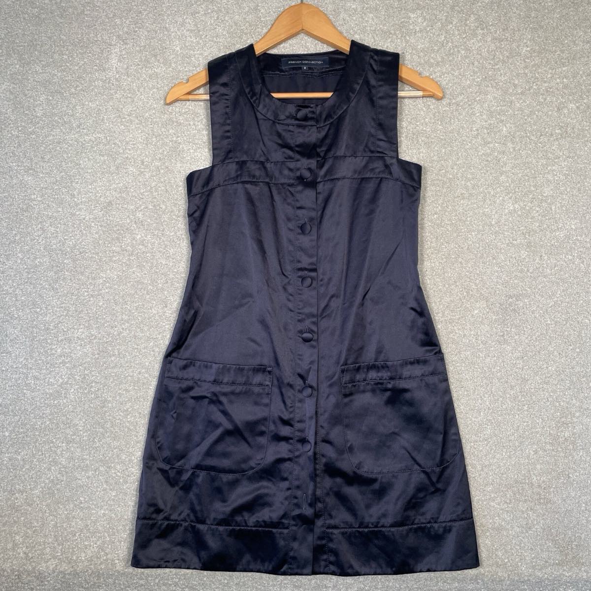 French Connection Women’s Mini Dress Satin Size label 8 Button Up Navy Pockets
