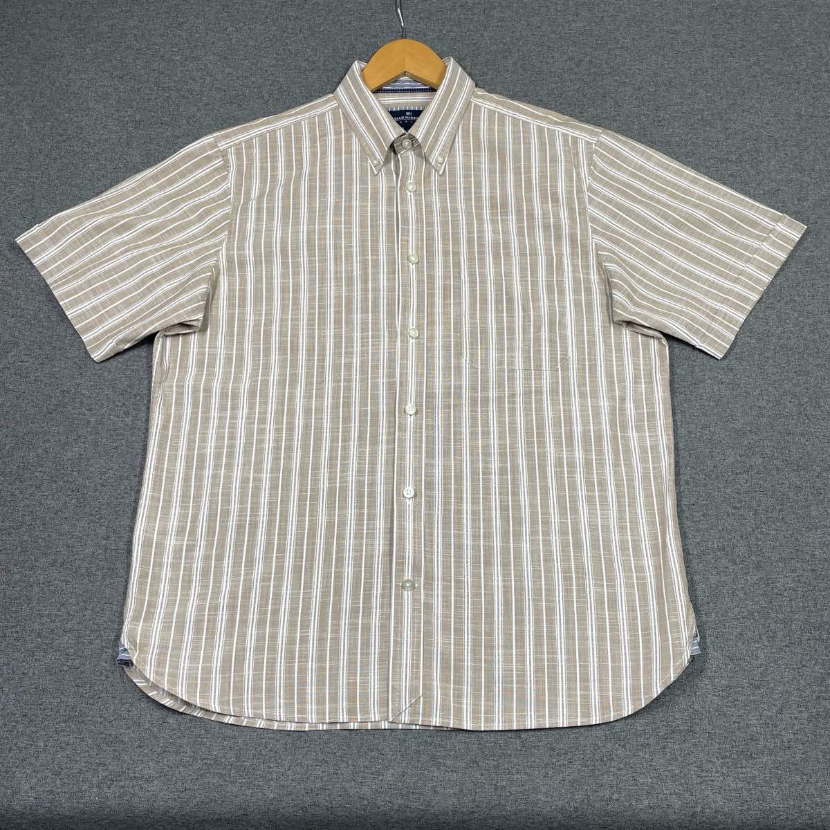 M&S Blue Harbour Striped Shirt Stone 100% Cotton Regular Fit Short Sleeve Men M