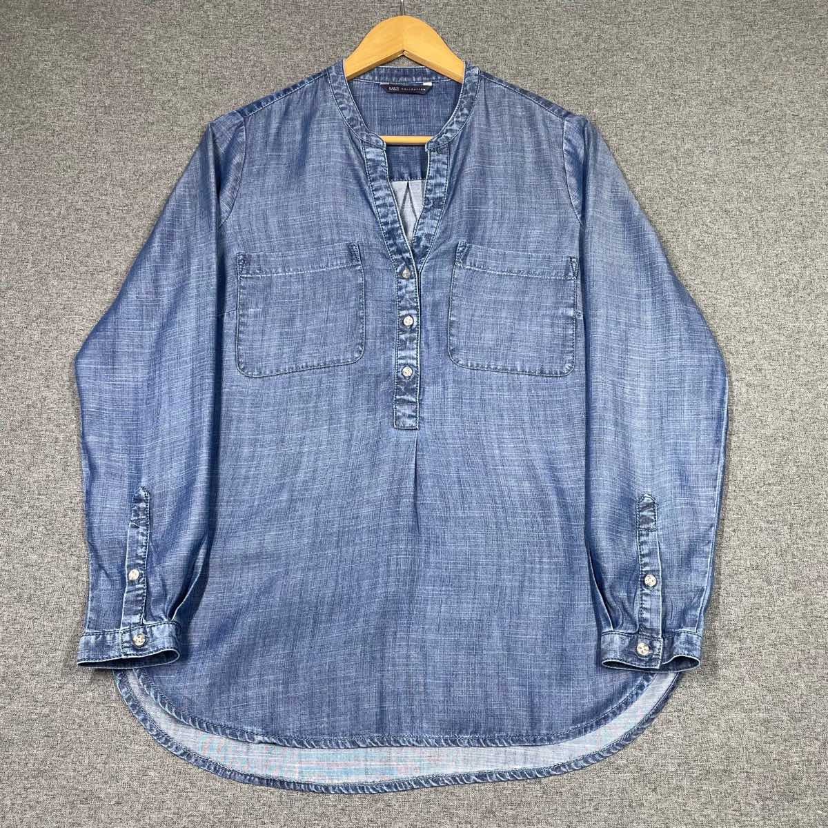 M&S Collection Blouse Shirt Lyocell Denim Blue Lightweight Chambray Women’s Uk14