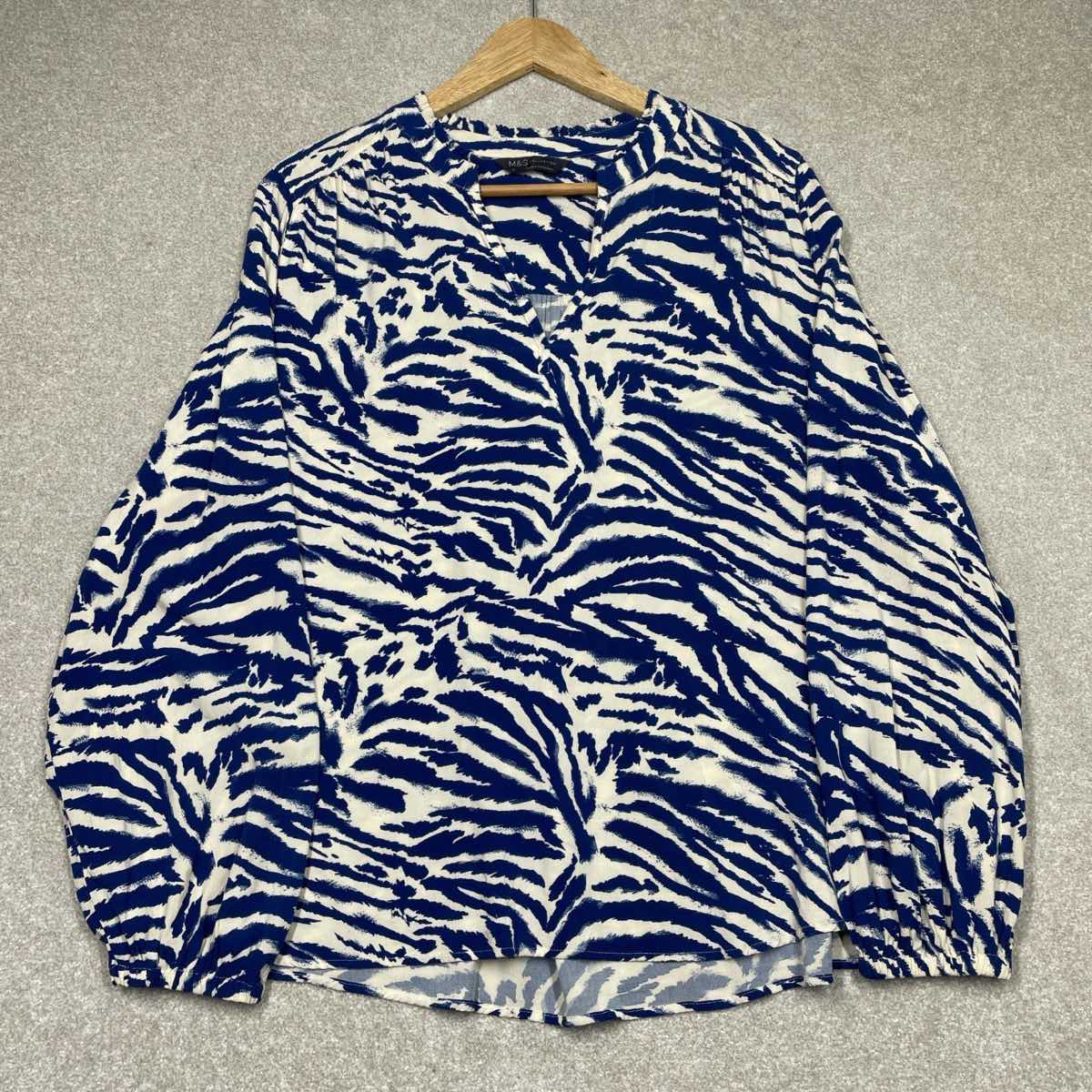 M&S Collection Blouse Shirt Blue & Cream Zebra Print Women’s Size Uk 18 V Neck