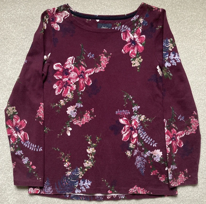 Joules Women’s 10 Harbour Print Jersey Top Long Sleeve Plum Colour Floral Design