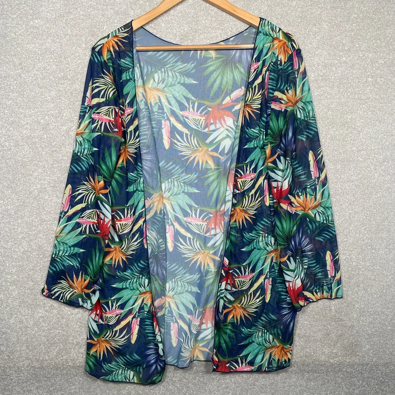 Women's beach cover up semi sheer tropical flowers size large long sleeve