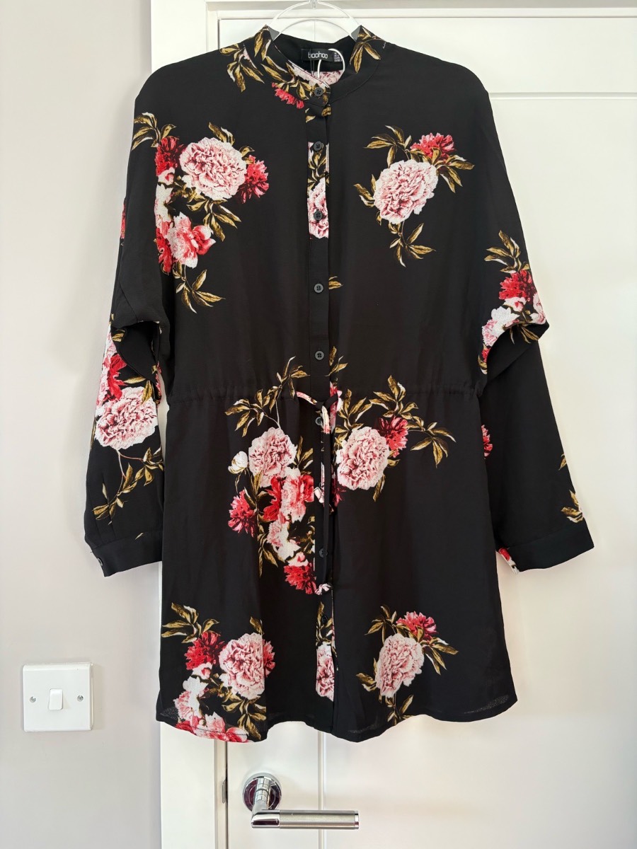 Boohoo Black Floral Shirt Dress UK 12 BNWT Long Sleeve Tie Waist