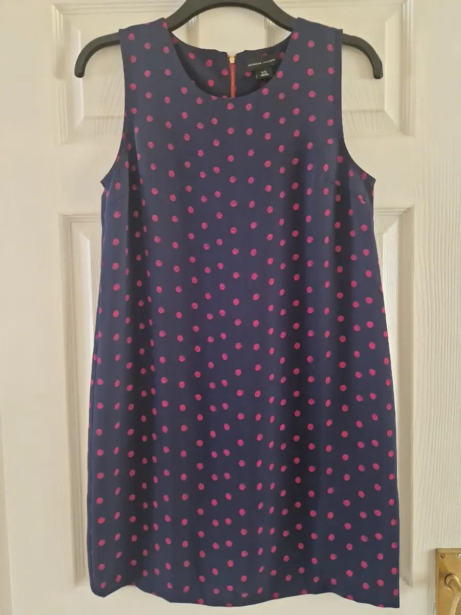 Adrienne Vittadini Ladies Size 10 Navy & Pink Polka Dot Dress Elegant Midi