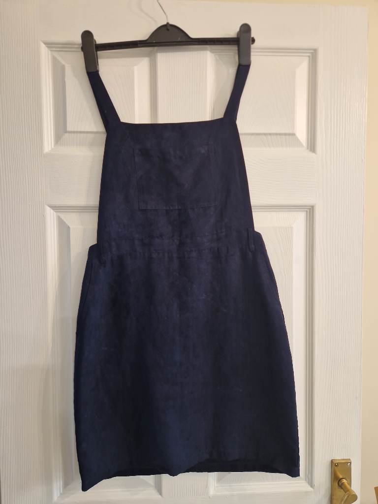 Boohoo Retro Pinafore Dress Size 8 Navy Suede Look Gold Zip Pockets Womens