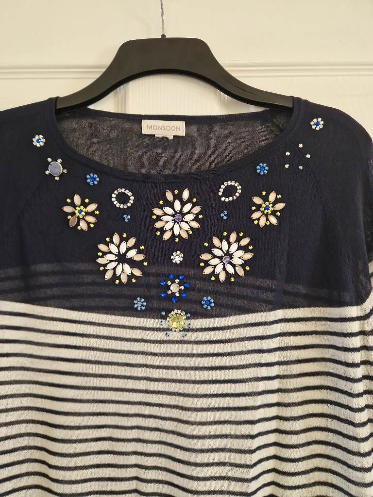 Womens Size 10 Monsoon Lightweight Summer Short Sleeve Jumper Top NavyWhite