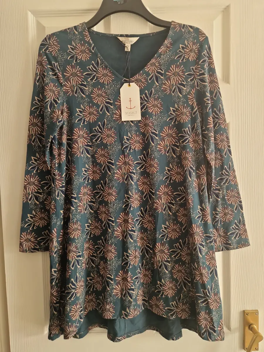 BNWT Seasalt Cornwall Organic Cotton Dress Size 10 | Teal Green Patterned