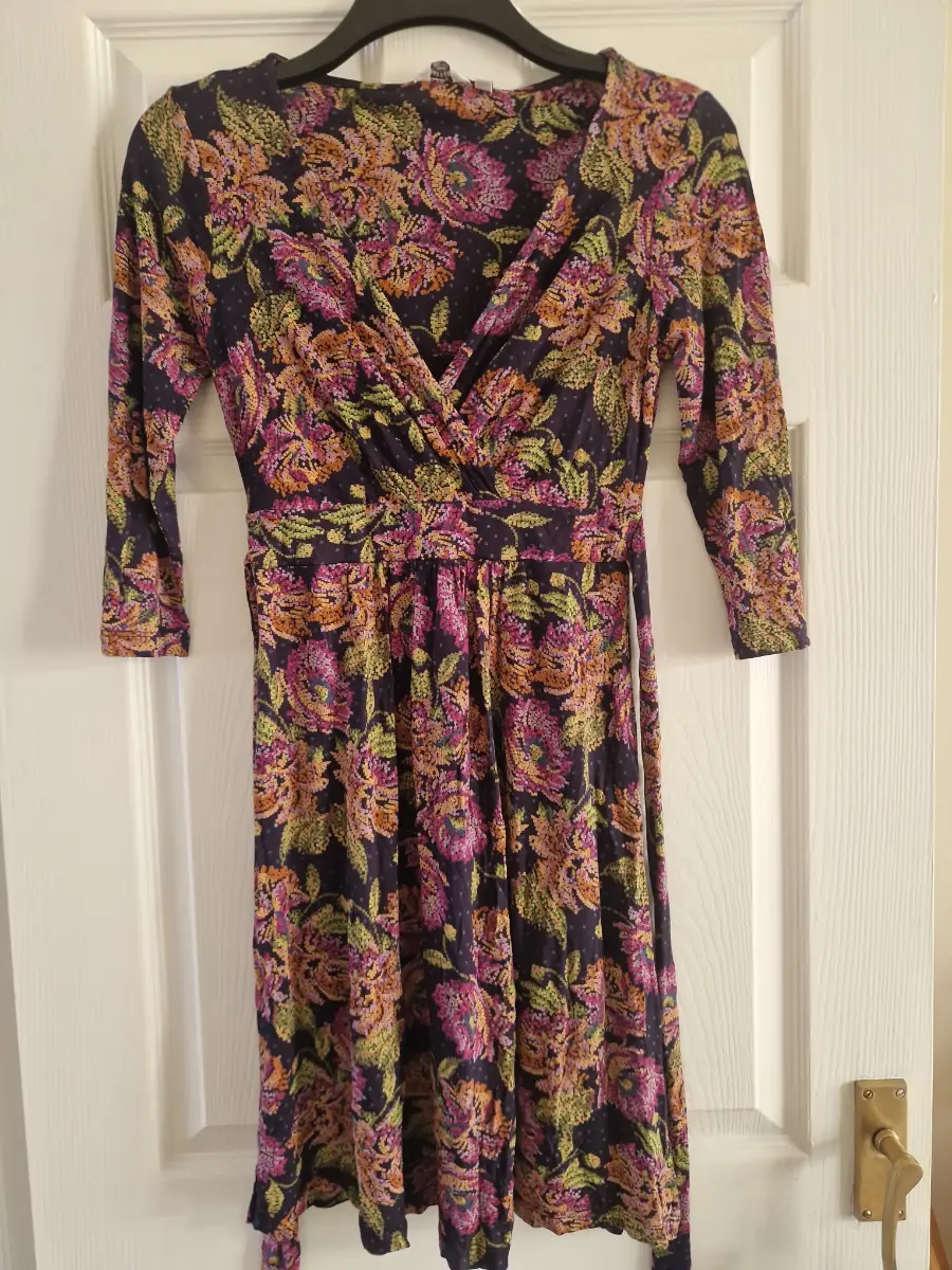 Fat Face Multicoloured V Neck Dress Size 10 | Tie Belt Casual Summer Dress