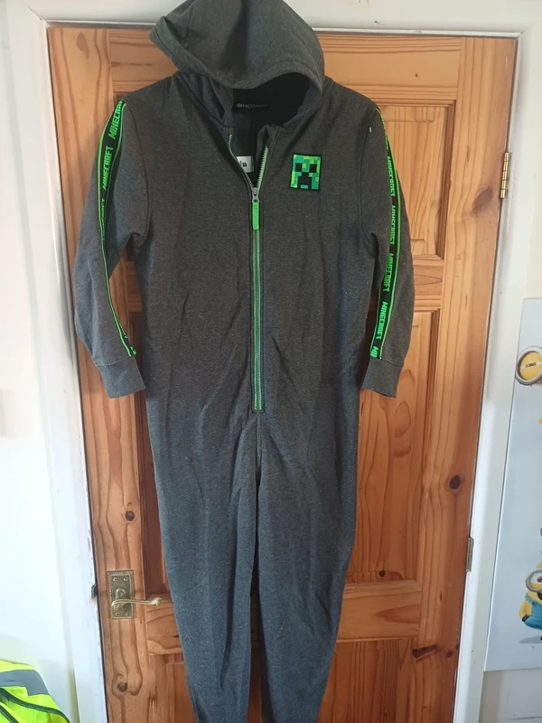 Minecraft Onesie Age 10 Grey Green Kids Fleece All In One Sleepsuit